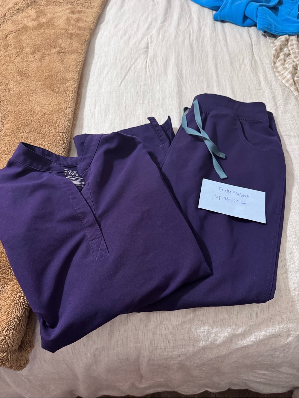 Figs Women's Straight Leg Scrub Set in Deep Purple with Teal Drawstring